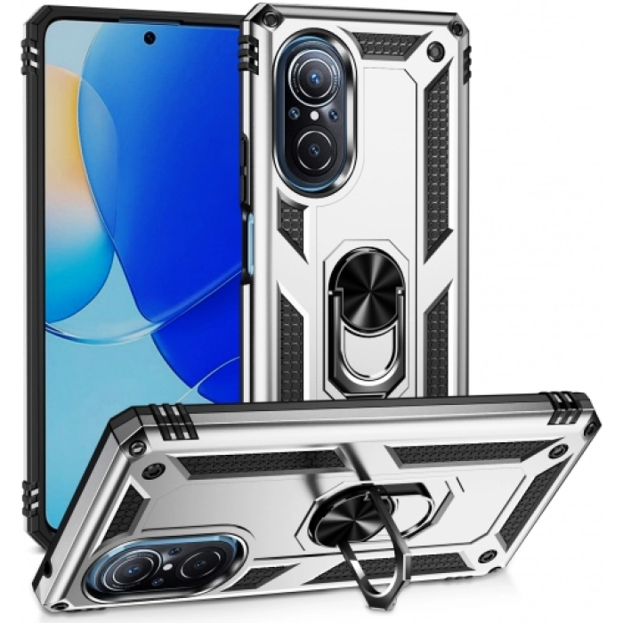 Huawei Nova 9 SE Kılıf Silikon Zırhlı Standlı Yüzüklü Mıknatıslı Tank Kapak - Gümüş