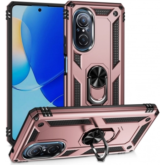 Huawei Nova 9 SE Kılıf Silikon Zırhlı Standlı Yüzüklü Mıknatıslı Tank Kapak - Rose Gold