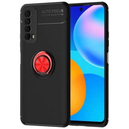 Huawei P Smart 2021 Kılıf Renkli Silikon Yüzüklü Standlı Auto Focus Ravel Kapak - Kırmızı - Siyah