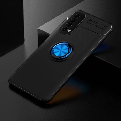 Huawei P Smart 2021 Kılıf Renkli Silikon Yüzüklü Standlı Auto Focus Ravel Kapak - Mavi - Siyah