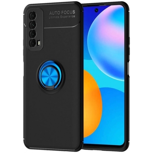 Huawei P Smart 2021 Kılıf Renkli Silikon Yüzüklü Standlı Auto Focus Ravel Kapak - Mavi - Siyah