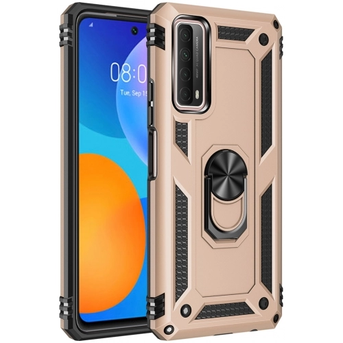 Huawei P Smart 2021 Kılıf Silikon Zırhlı Standlı Yüzüklü Mıknatıslı Tank Kapak - Gold