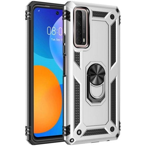 Huawei P Smart 2021 Kılıf Silikon Zırhlı Standlı Yüzüklü Mıknatıslı Tank Kapak - Gri