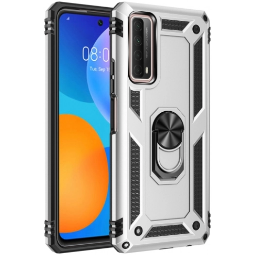 Huawei P Smart 2021 Kılıf Silikon Zırhlı Standlı Yüzüklü Mıknatıslı Tank Kapak - Gri