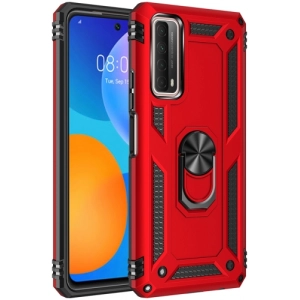 Huawei P Smart 2021 Kılıf Silikon Zırhlı Standlı Yüzüklü Mıknatıslı Tank Kapak - Kırmızı