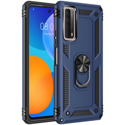 Huawei P Smart 2021 Kılıf Silikon Zırhlı Standlı Yüzüklü Mıknatıslı Tank Kapak - Lacivert