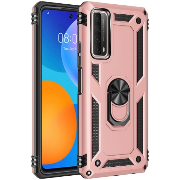 Huawei P Smart 2021 Kılıf Silikon Zırhlı Standlı Yüzüklü Mıknatıslı Tank Kapak - Rose Gold