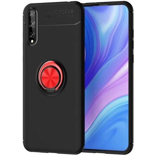 Huawei P Smart S Kılıf Renkli Silikon Yüzüklü Standlı Auto Focus Ravel Kapak - Kırmızı - Siyah