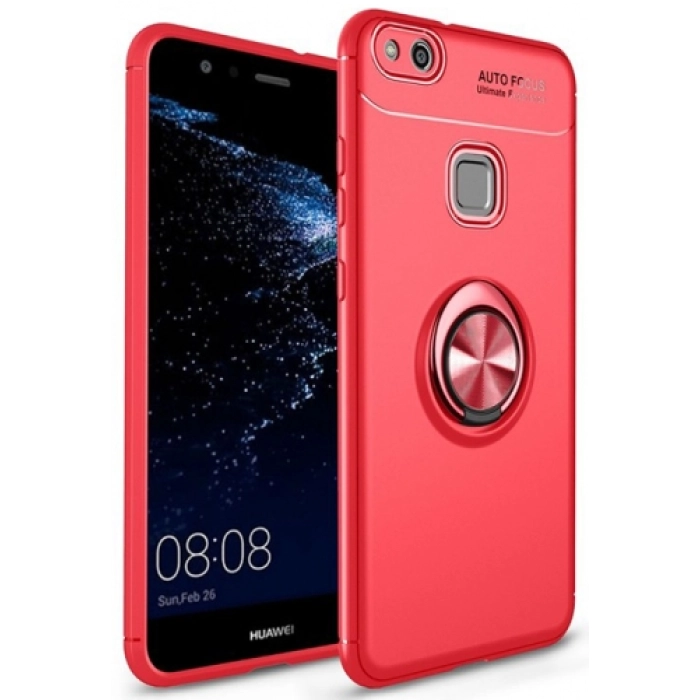 Huawei P10 Lite Kılıf Renkli Silikon Yüzüklü Standlı Auto Focus Ravel Kapak - Kırmızı