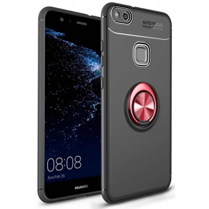 Huawei P10 Lite Kılıf Renkli Silikon Yüzüklü Standlı Auto Focus Ravel Kapak - Kırmızı - Siyah