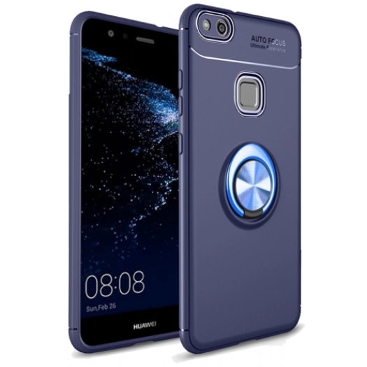 Huawei P10 Lite Kılıf Renkli Silikon Yüzüklü Standlı Auto Focus Ravel Kapak - Mavi
