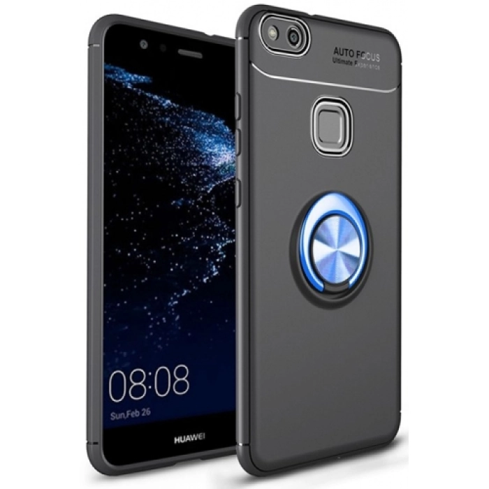 Huawei P10 Lite Kılıf Renkli Silikon Yüzüklü Standlı Auto Focus Ravel Kapak - Mavi - Siyah