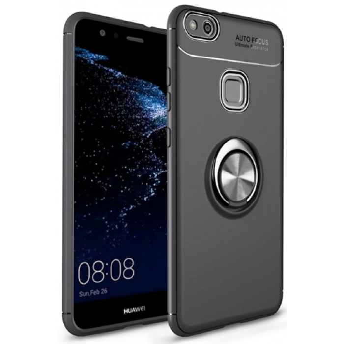 Huawei P10 Lite Kılıf Renkli Silikon Yüzüklü Standlı Auto Focus Ravel Kapak - Siyah