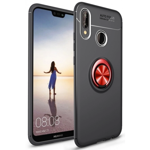 Huawei P20 Lite Kılıf Renkli Silikon Yüzüklü Standlı Auto Focus Ravel Kapak - Kırmızı - Siyah