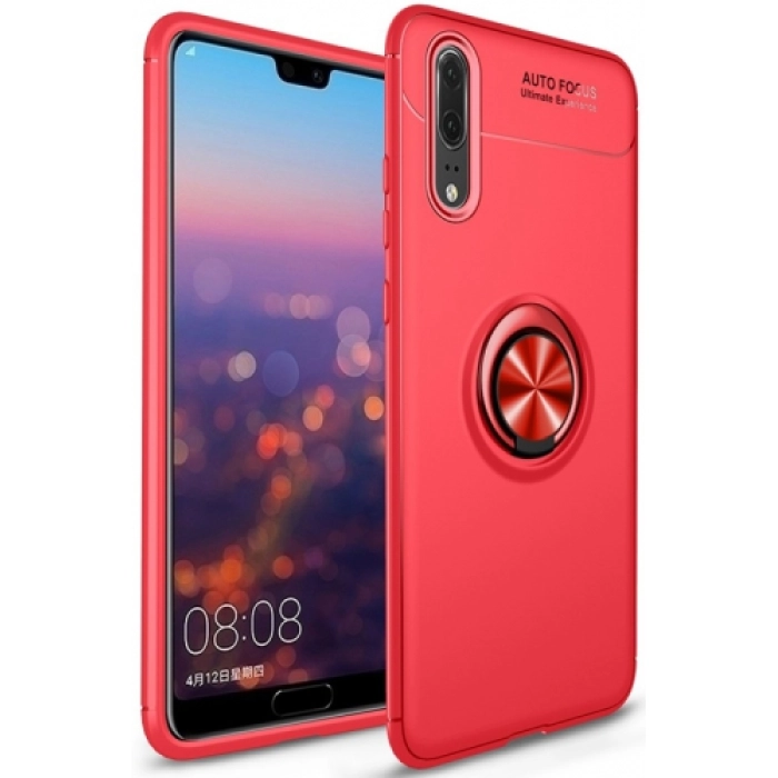 Huawei P20 Pro Kılıf Renkli Silikon Yüzüklü Standlı Auto Focus Ravel Kapak - Kırmızı
