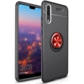 Huawei P20 Pro Kılıf Renkli Silikon Yüzüklü Standlı Auto Focus Ravel Kapak - Kırmızı - Siyah