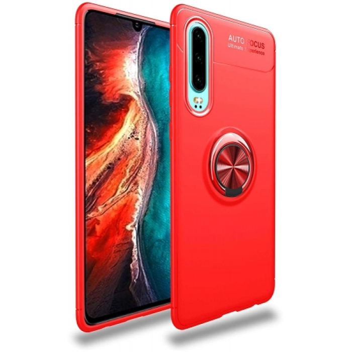 Huawei P30 Kılıf Renkli Silikon Yüzüklü Standlı Auto Focus Ravel Kapak - Kırmızı