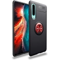 Huawei P30 Kılıf Renkli Silikon Yüzüklü Standlı Auto Focus Ravel Kapak - Kırmızı - Siyah