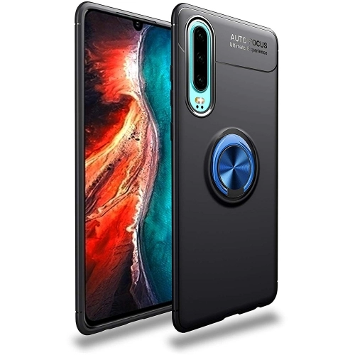 Huawei P30 Kılıf Renkli Silikon Yüzüklü Standlı Auto Focus Ravel Kapak - Mavi - Siyah