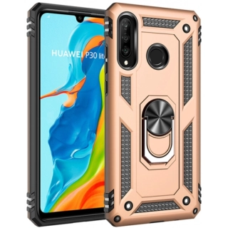 Huawei P30 Lite Kılıf Silikon Zırhlı Standlı Yüzüklü Mıknatıslı Tank Kapak - Gold
