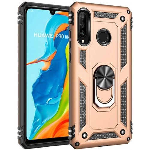Huawei P30 Lite Kılıf Silikon Zırhlı Standlı Yüzüklü Mıknatıslı Tank Kapak - Gold
