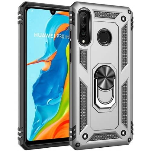 Huawei P30 Lite Kılıf Silikon Zırhlı Standlı Yüzüklü Mıknatıslı Tank Kapak - Gri