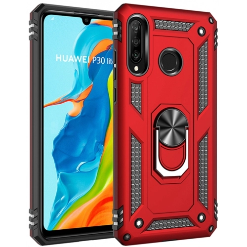 Huawei P30 Lite Kılıf Silikon Zırhlı Standlı Yüzüklü Mıknatıslı Tank Kapak - Kırmızı