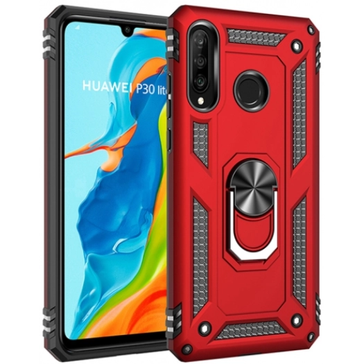 Huawei P30 Lite Kılıf Silikon Zırhlı Standlı Yüzüklü Mıknatıslı Tank Kapak - Kırmızı
