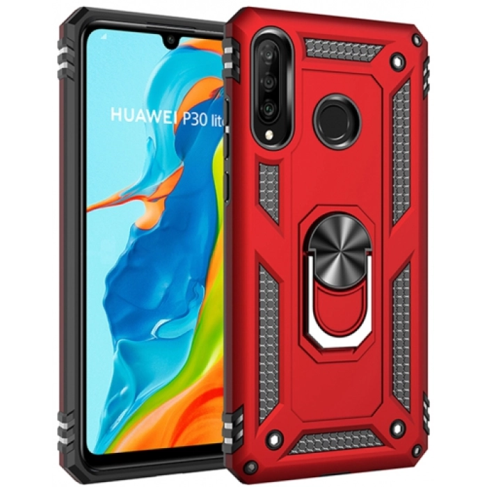 Huawei P30 Lite Kılıf Silikon Zırhlı Standlı Yüzüklü Mıknatıslı Tank Kapak - Kırmızı