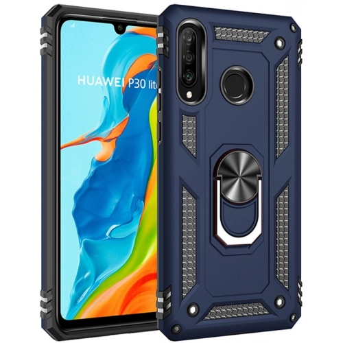 Huawei P30 Lite Kılıf Silikon Zırhlı Standlı Yüzüklü Mıknatıslı Tank Kapak - Lacivert
