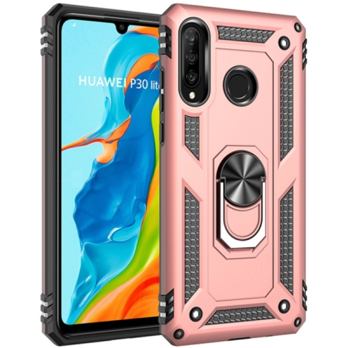 Huawei P30 Lite Kılıf Silikon Zırhlı Standlı Yüzüklü Mıknatıslı Tank Kapak - Rose Gold