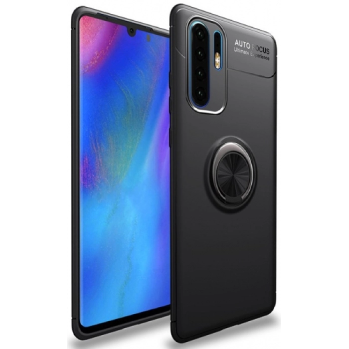 Huawei P30 Pro Kılıf Renkli Silikon Yüzüklü Standlı Auto Focus Ravel Kapak - Siyah