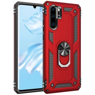 Huawei P30 Pro Kılıf Silikon Zırhlı Standlı Yüzüklü Mıknatıslı Tank Kapak - Kırmızı