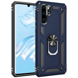 Huawei P30 Pro Kılıf Silikon Zırhlı Standlı Yüzüklü Mıknatıslı Tank Kapak - Lacivert
