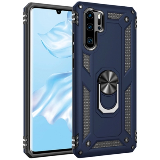 Huawei P30 Pro Kılıf Silikon Zırhlı Standlı Yüzüklü Mıknatıslı Tank Kapak - Lacivert