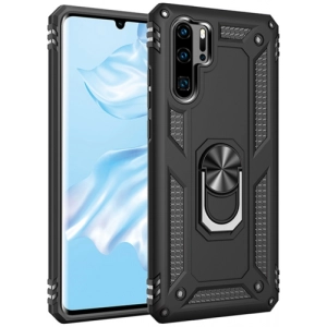 Huawei P30 Pro Kılıf Silikon Zırhlı Standlı Yüzüklü Mıknatıslı Tank Kapak - Siyah