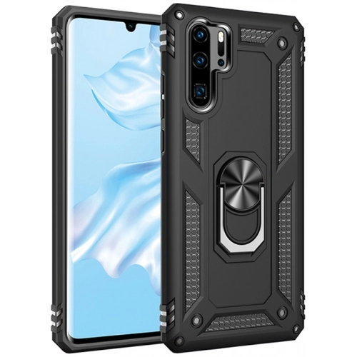 Huawei P30 Pro Kılıf Silikon Zırhlı Standlı Yüzüklü Mıknatıslı Tank Kapak - Siyah