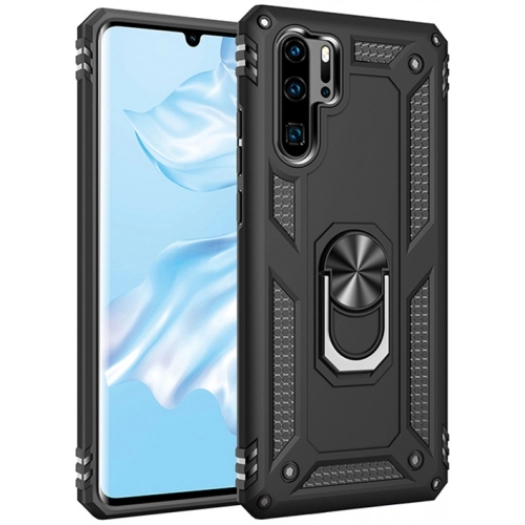 Huawei P30 Pro Kılıf Silikon Zırhlı Standlı Yüzüklü Mıknatıslı Tank Kapak - Siyah