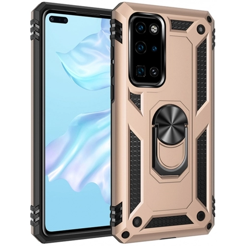 Huawei P40 Kılıf Silikon Zırhlı Standlı Yüzüklü Mıknatıslı Tank Kapak - Gold