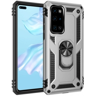 Huawei P40 Kılıf Silikon Zırhlı Standlı Yüzüklü Mıknatıslı Tank Kapak - Gümüş