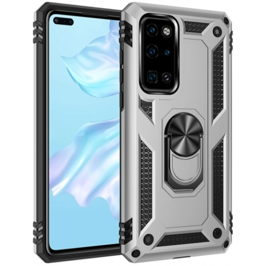 Huawei P40 Kılıf Silikon Zırhlı Standlı Yüzüklü Mıknatıslı Tank Kapak - Gümüş