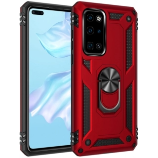 Huawei P40 Kılıf Silikon Zırhlı Standlı Yüzüklü Mıknatıslı Tank Kapak - Kırmızı