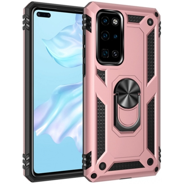 Huawei P40 Kılıf Silikon Zırhlı Standlı Yüzüklü Mıknatıslı Tank Kapak - Rose Gold