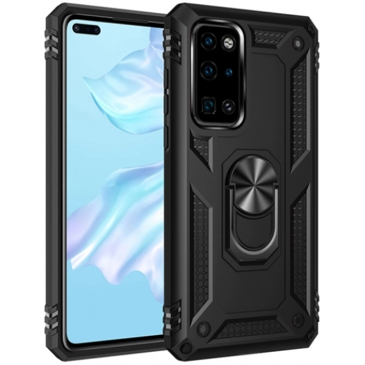 Huawei P40 Kılıf Silikon Zırhlı Standlı Yüzüklü Mıknatıslı Tank Kapak - Siyah