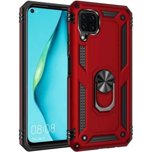 Huawei P40 Lite Kılıf Silikon Zırhlı Standlı Yüzüklü Mıknatıslı Tank Kapak - Kırmızı