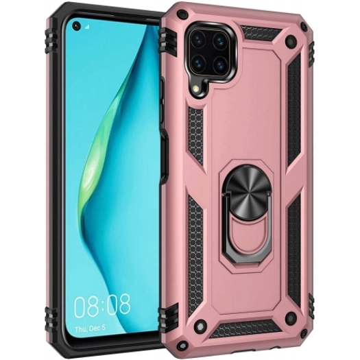 Huawei P40 Lite Kılıf Silikon Zırhlı Standlı Yüzüklü Mıknatıslı Tank Kapak - Rose Gold