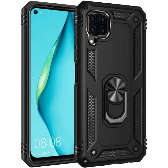 Huawei P40 Lite Kılıf Silikon Zırhlı Standlı Yüzüklü Mıknatıslı Tank Kapak - Siyah