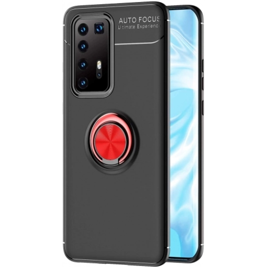 Huawei P40 Pro Kılıf Renkli Silikon Yüzüklü Standlı Auto Focus Ravel Kapak - Kırmızı - Siyah