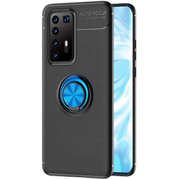 Huawei P40 Pro Kılıf Renkli Silikon Yüzüklü Standlı Auto Focus Ravel Kapak - Mavi - Siyah
