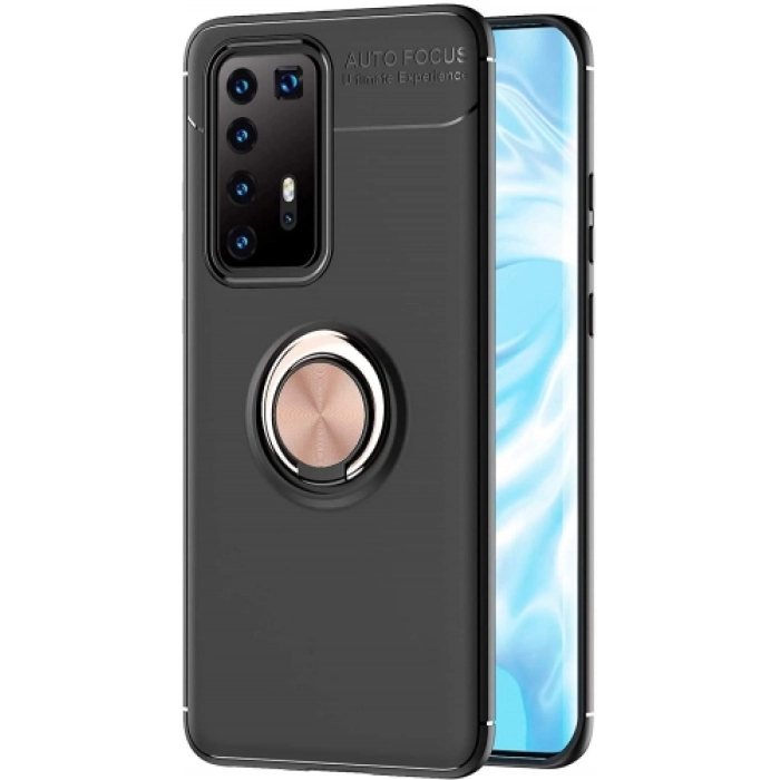 Huawei P40 Pro Kılıf Renkli Silikon Yüzüklü Standlı Auto Focus Ravel Kapak - Rose Gold
